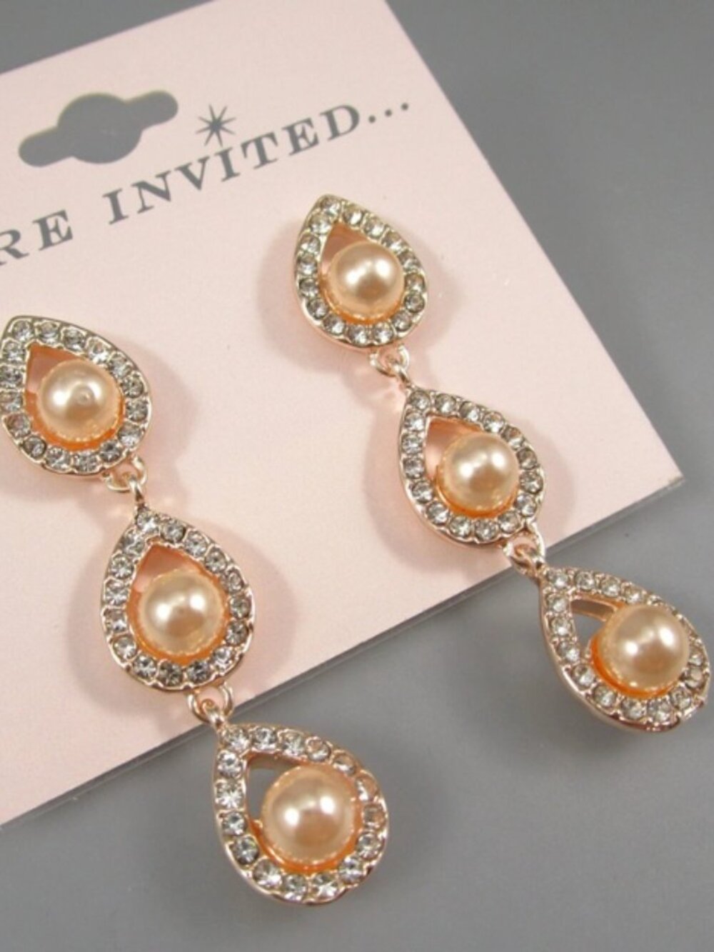 YOU'RE INVITED Romantic Rose Gold Clear Crystal Pink Pearl Drop Earrings**NEW!